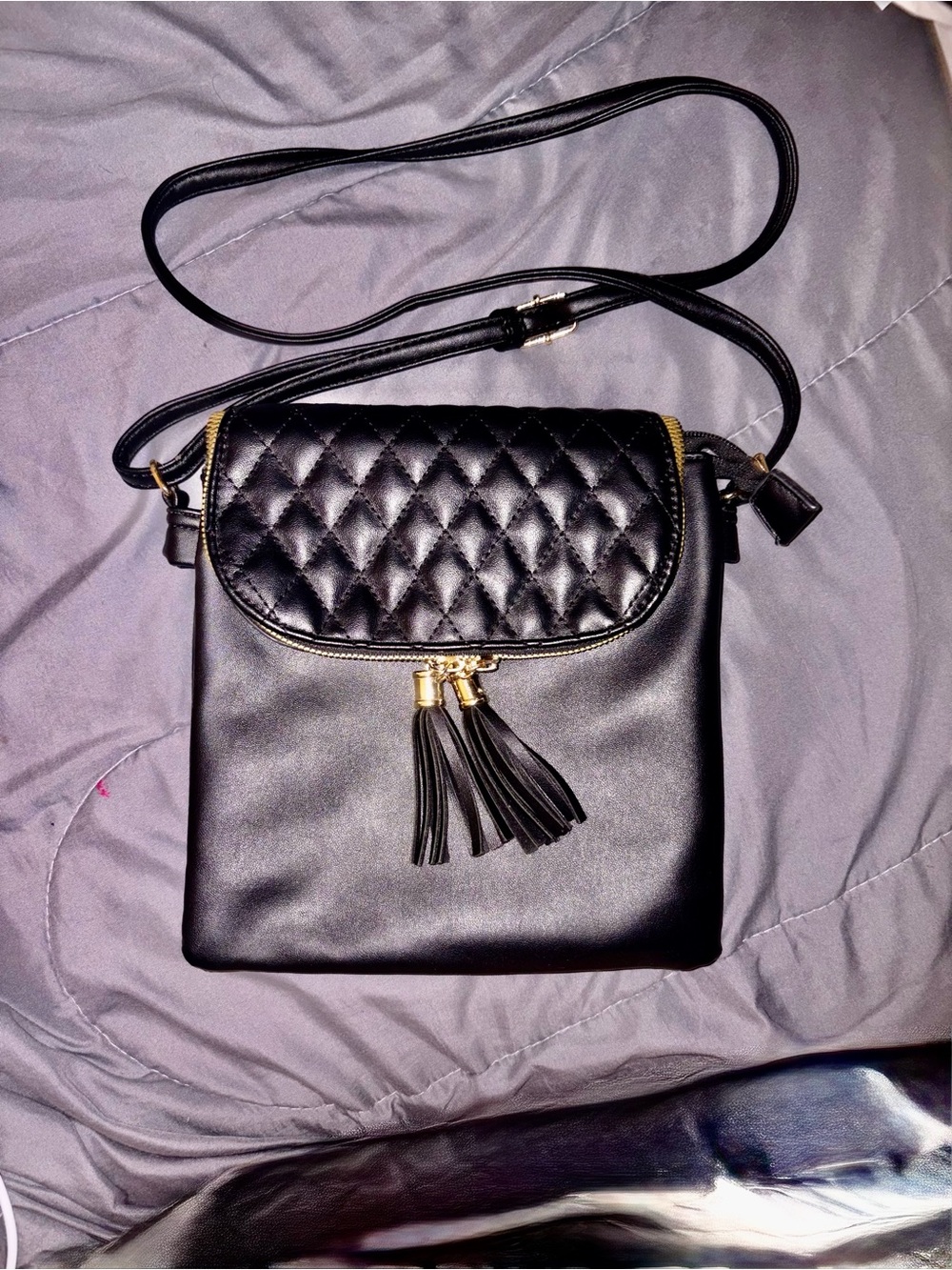 Black Quilted Flap Crossbody Bag with Tassel - Unbranded